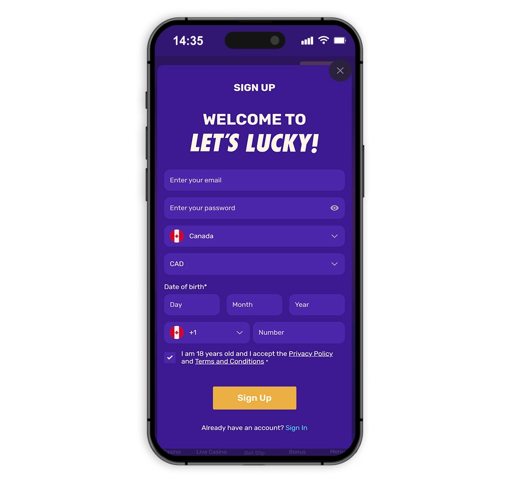 Let's Lucky Canada registration form