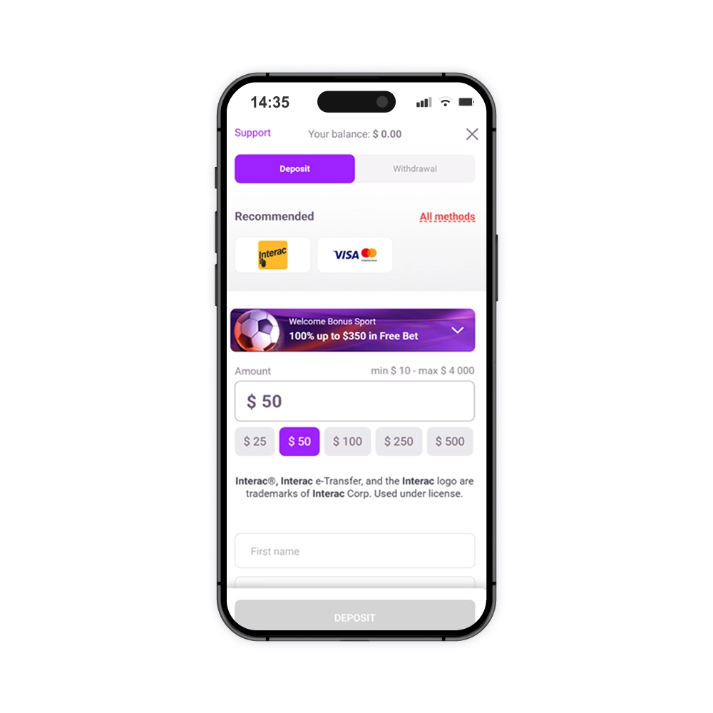 TonyBet Canada deposit
