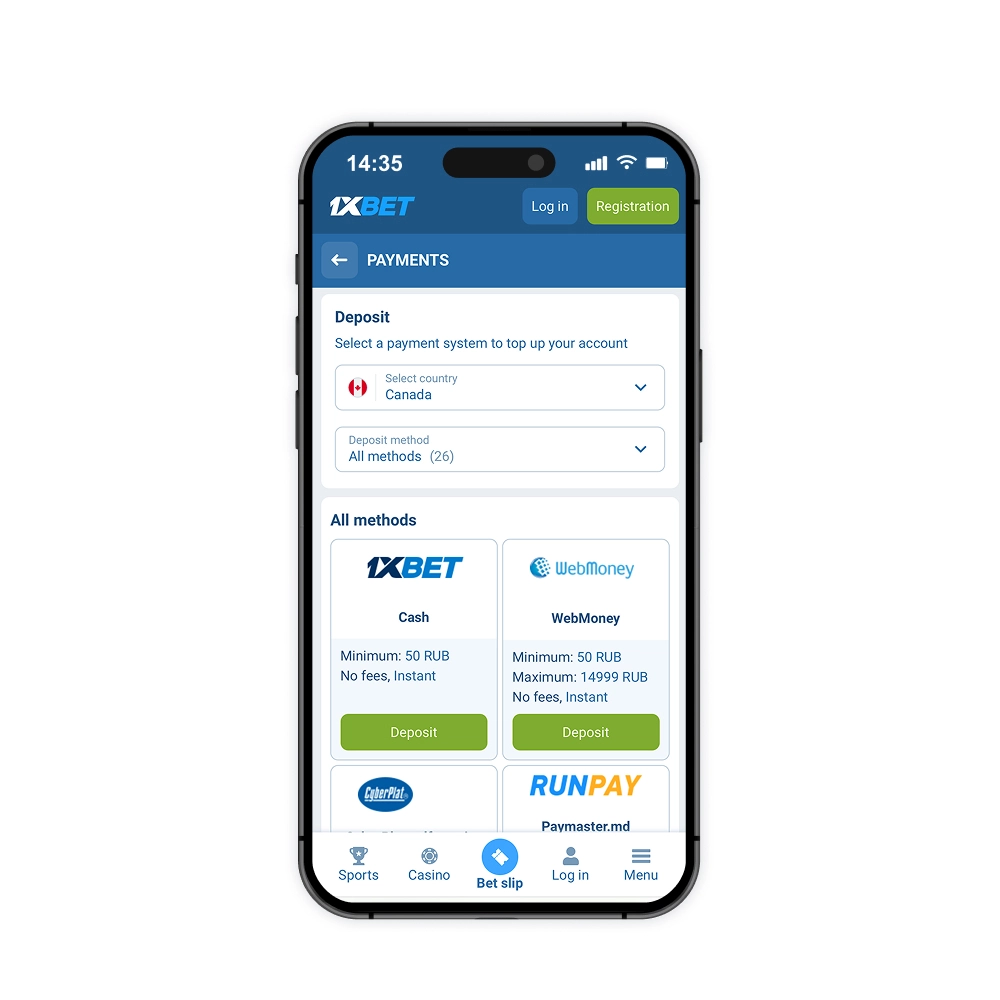 1xBet Canada deposit methods